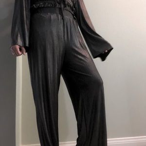 Women’s small silver black shiny metallic silk satin pants.Match blouse in large